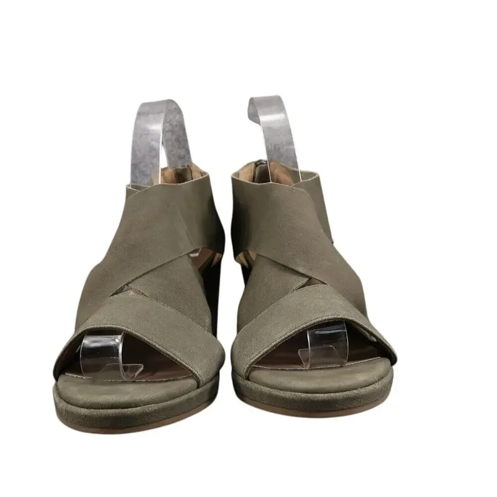 Eileen Fisher Shoes Womens 7.5 Sandal Block Heel Fashion Marla Leather Olive Zip